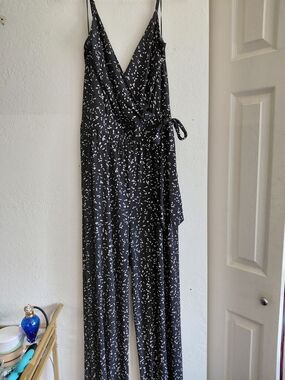 Black Printed Wrap Jumpsuit with Tie Waist